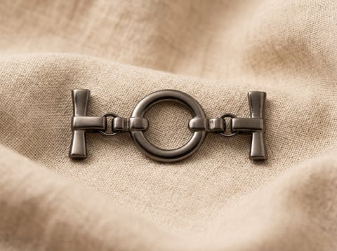 Gunmetal ring and bar toggle clasp on linen