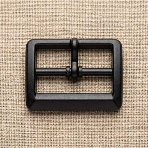 Matte black rectangular roller footwear buckle on linen
