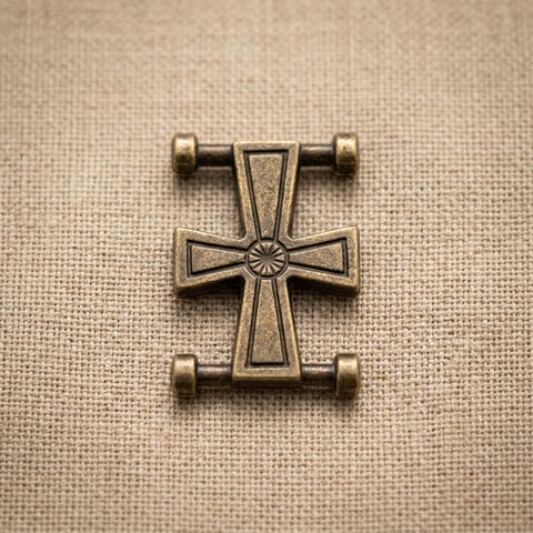 Antique bronze cross connector shoe ornament on linen