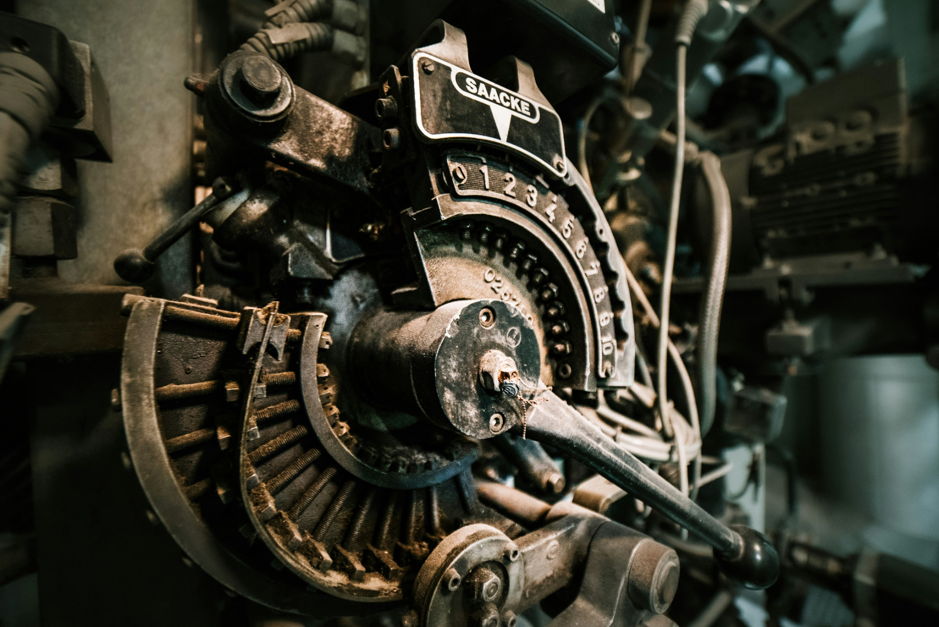 Close-up of vintage indexing machinery still running on the TAJ floor