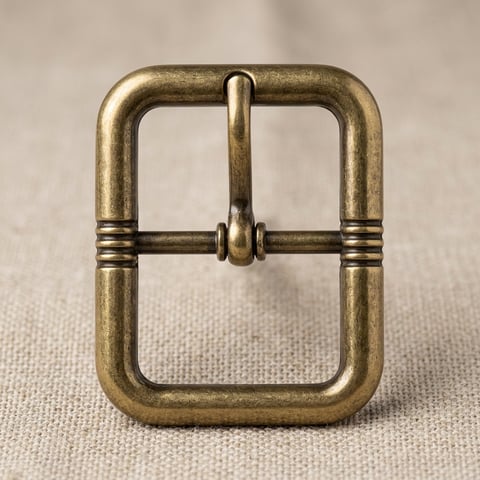 Antique brass rounded rectangular roller buckle on linen