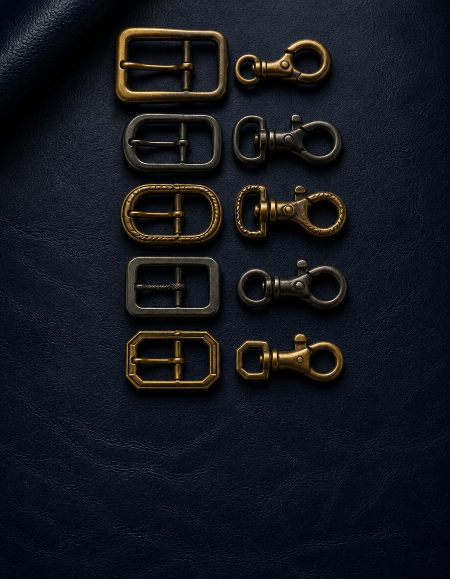 The 1942 Collection — heritage buckles and snap hooks arranged on navy leather